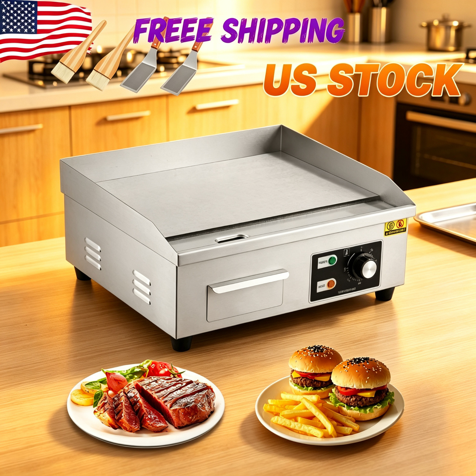 Commercial Electric Griddle 1600w Stainless Steel Flat Top Grill For Home