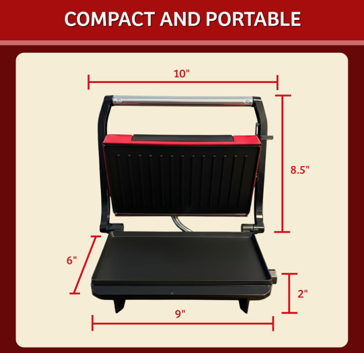 Parrilla panini eléctrica con placas antiadherentes para sándwiches y carnes roj