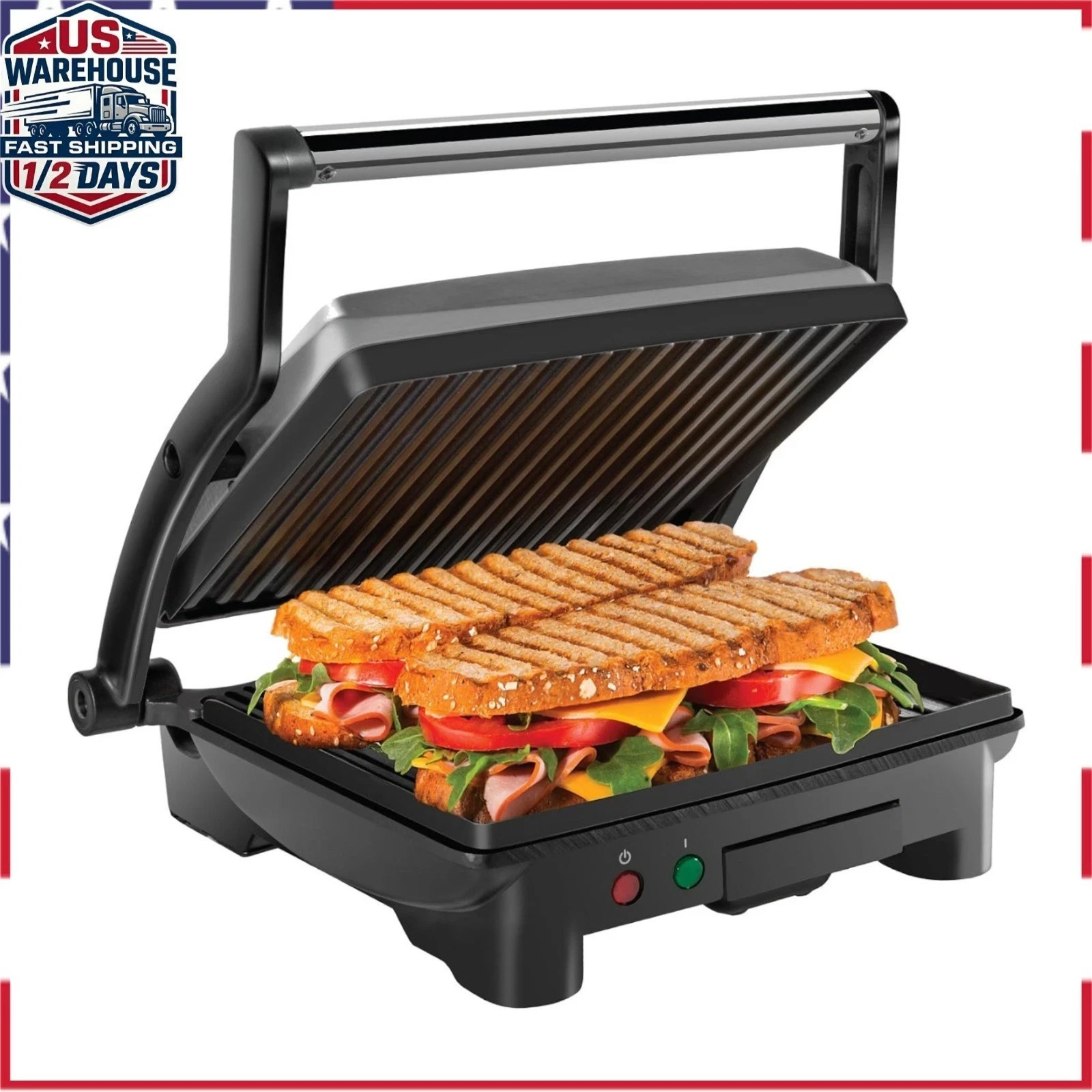 Chefman Panini Press Grill – Non-Stick, 180 Degrees, 4 Slice, Black