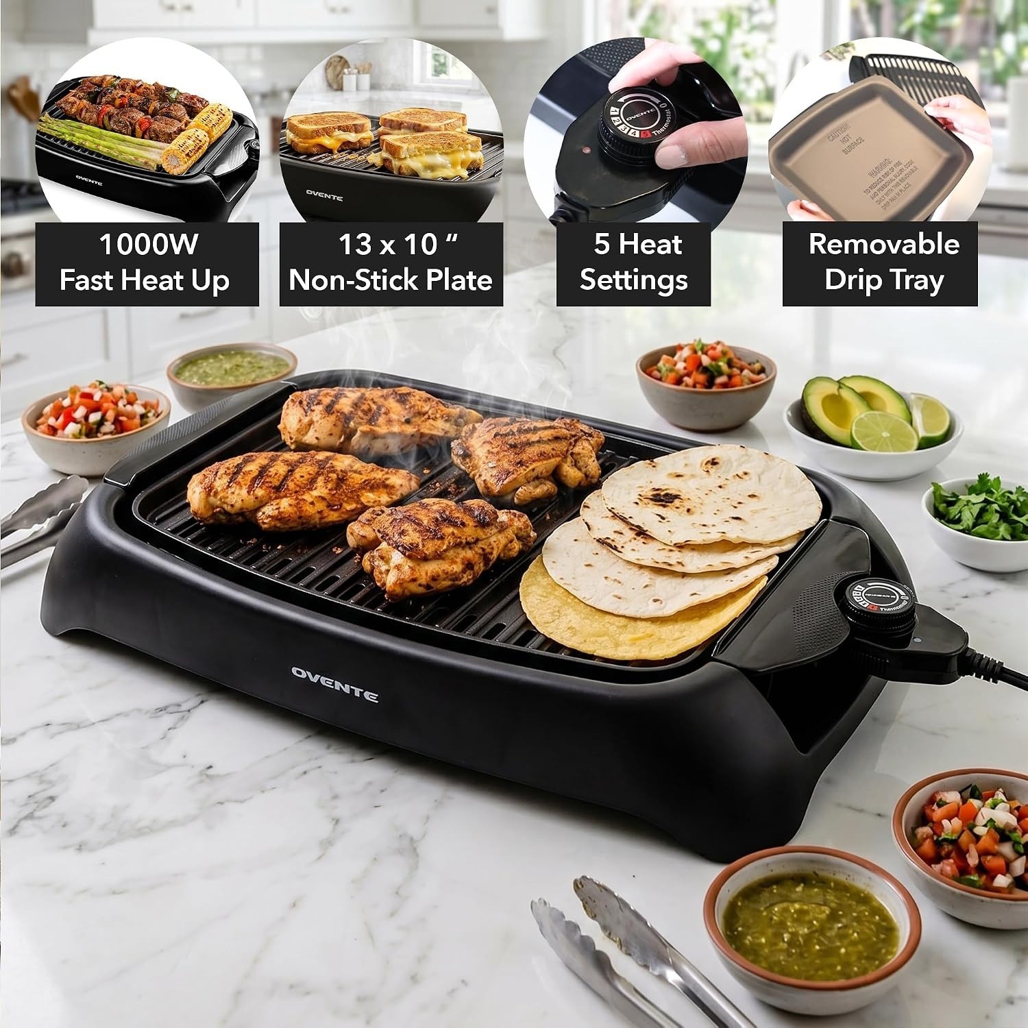 OVENTE Electric Indoor Grill, 13″ x 10″ Non-Stick Plate, Black GD1632NLB | 1000W