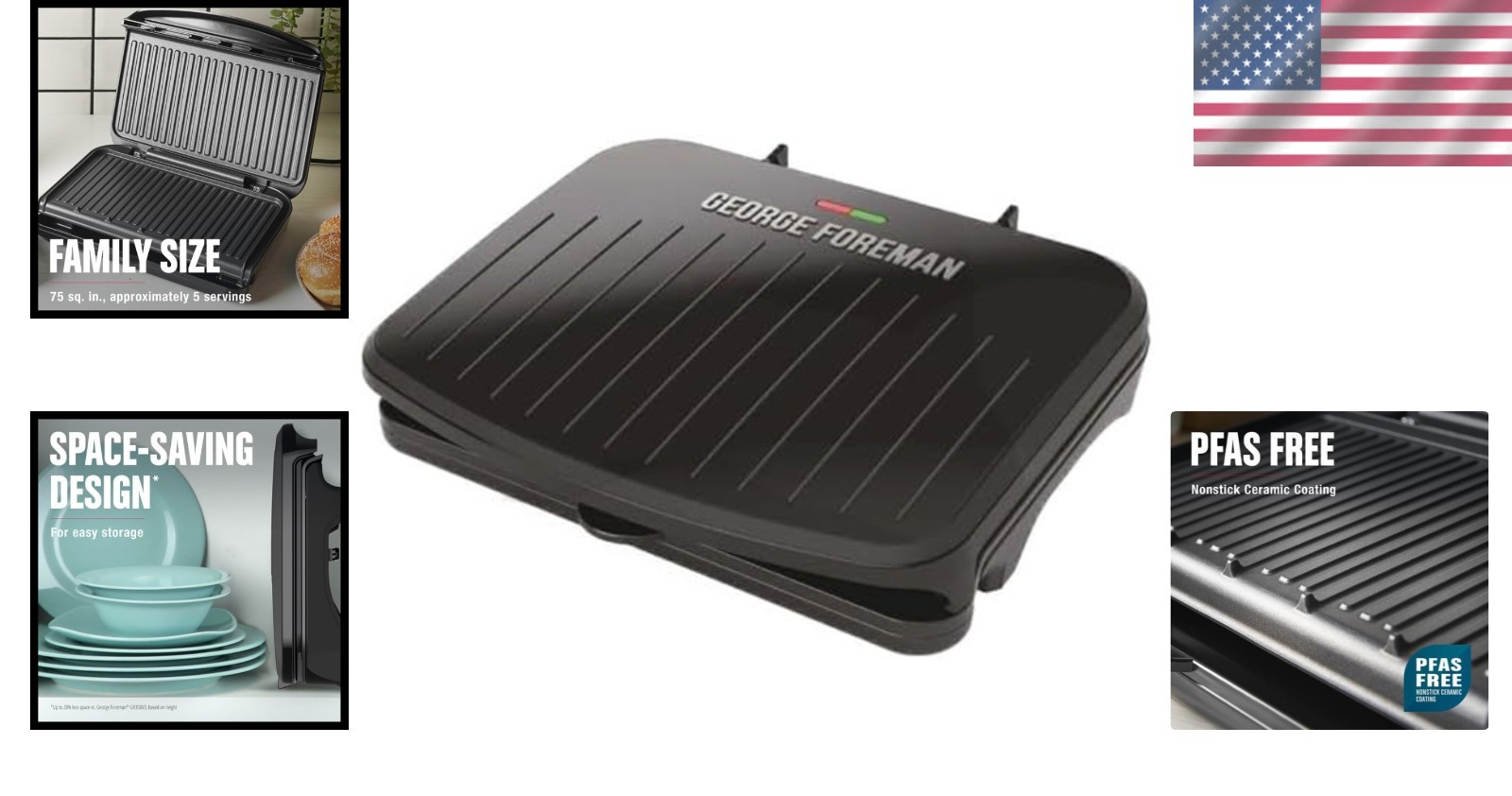 George Foreman Family-Size Grill & Panini Press, Nonstick Ceramic Coating, Fat-R