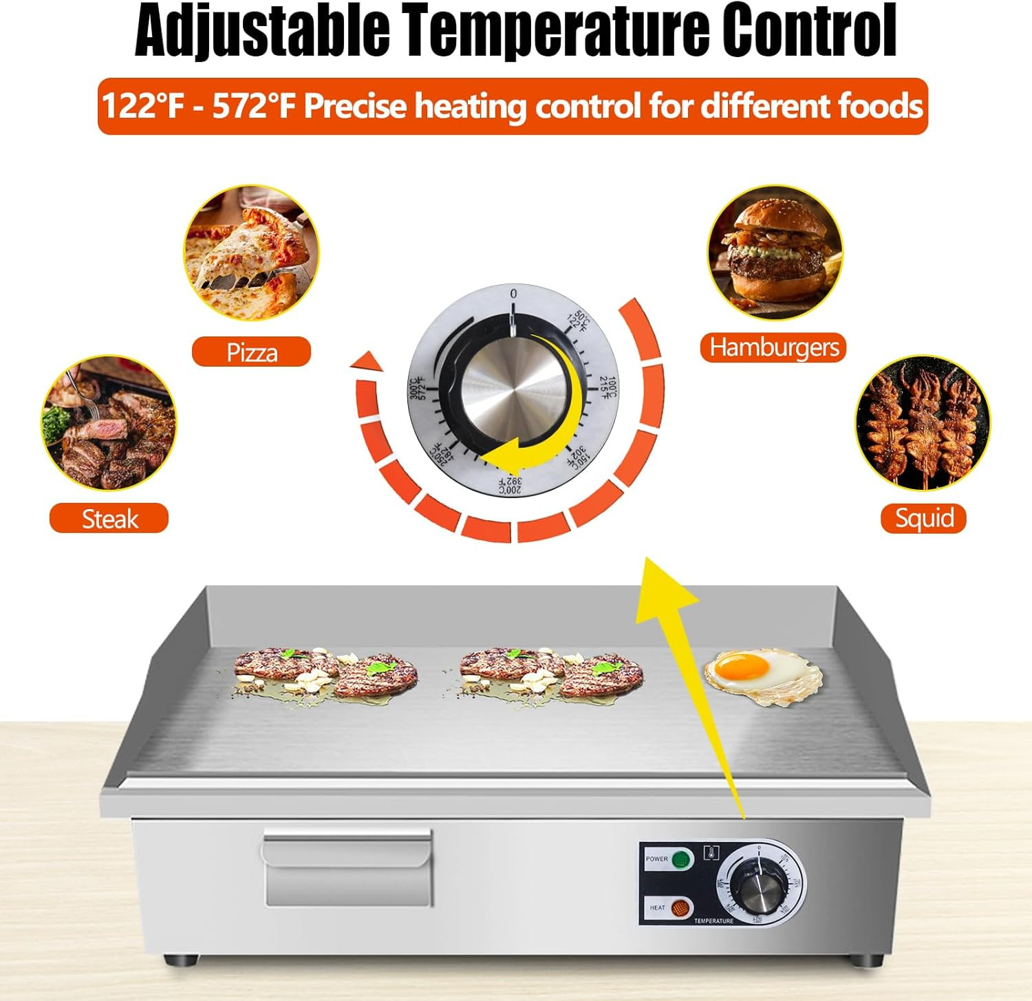 22″ Electric Griddle – Non-Stick Stainless Steel, Adjustable Temp, 1600W