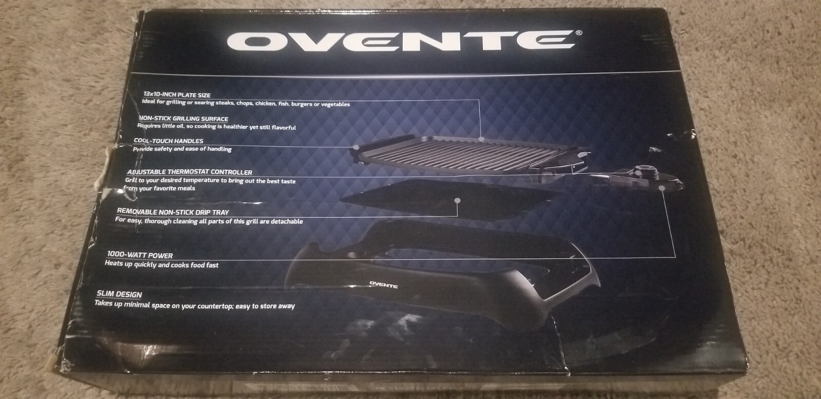 Ovente Electric Indoor Grill 13×10 Inch Nonstick Cooking Plate GD1632NLB