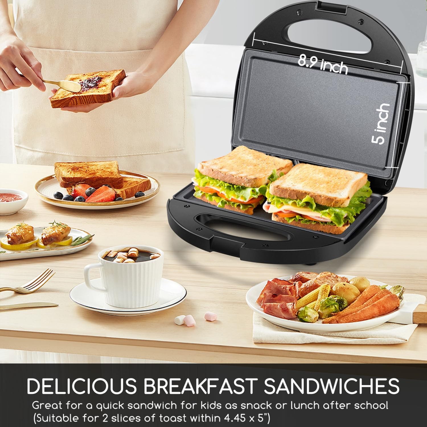 Sandwich Maker with Non-stick Deep Grid Surface for Egg, Ham, Steaks Compact