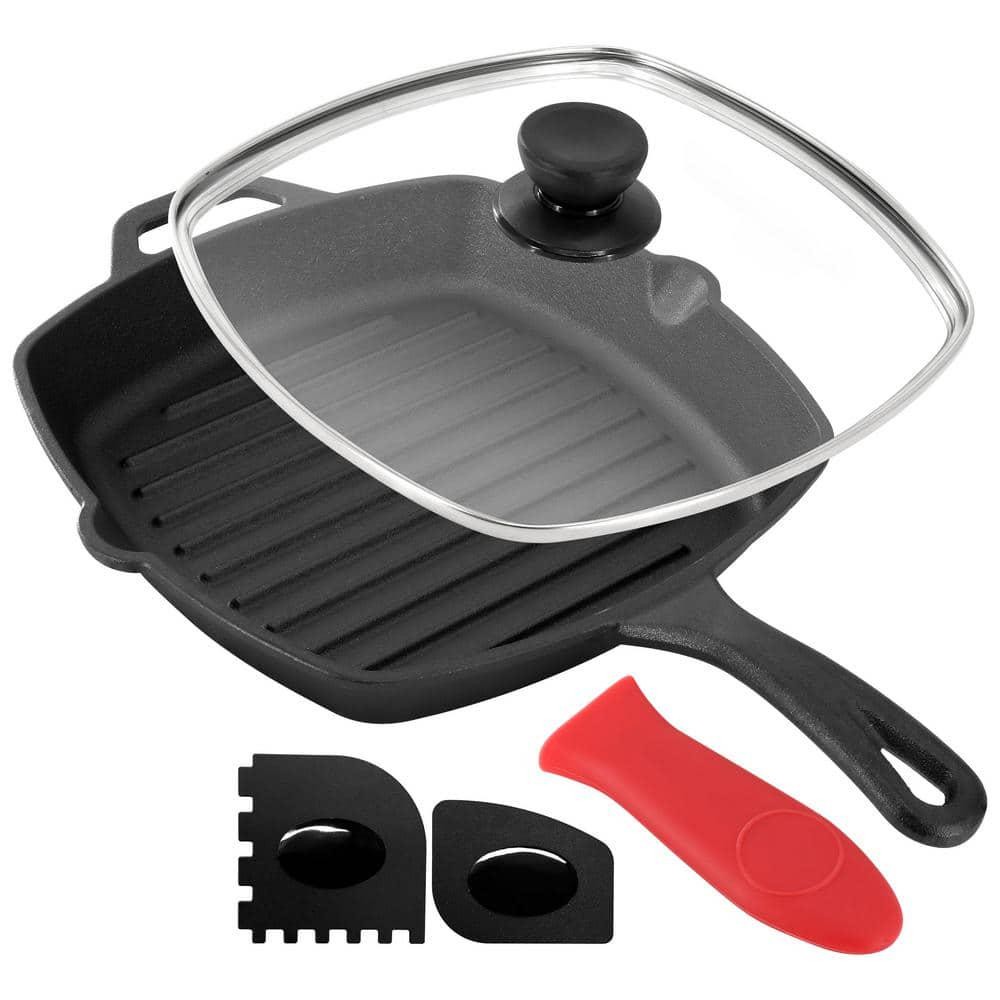 MegaChef Griddle 10.4″ Pre-Seasoned Cast Iron Square Glass Lid Silicone Handle