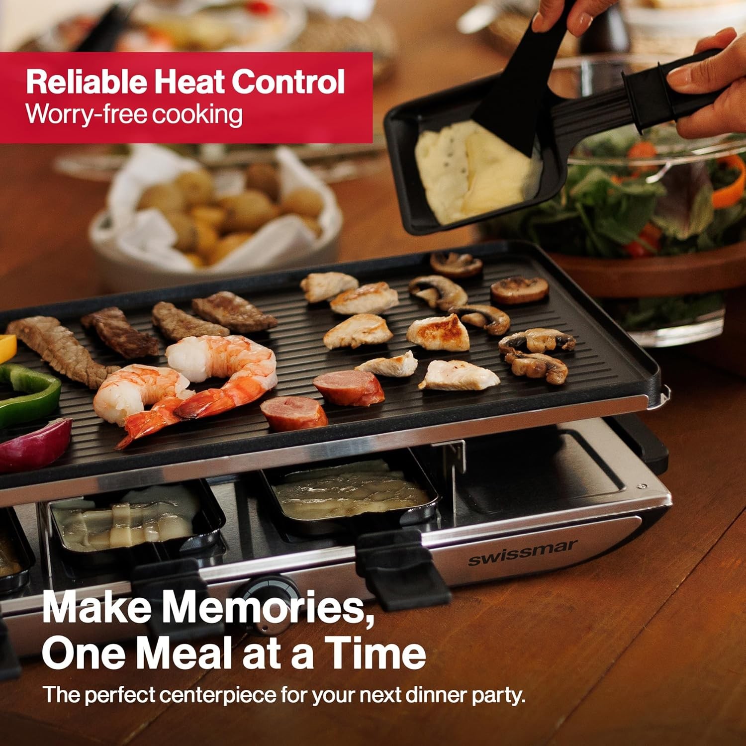 Swissmar Geneva Raclette Grill with Reversible Cast Aluminum Grill Top – 8Person