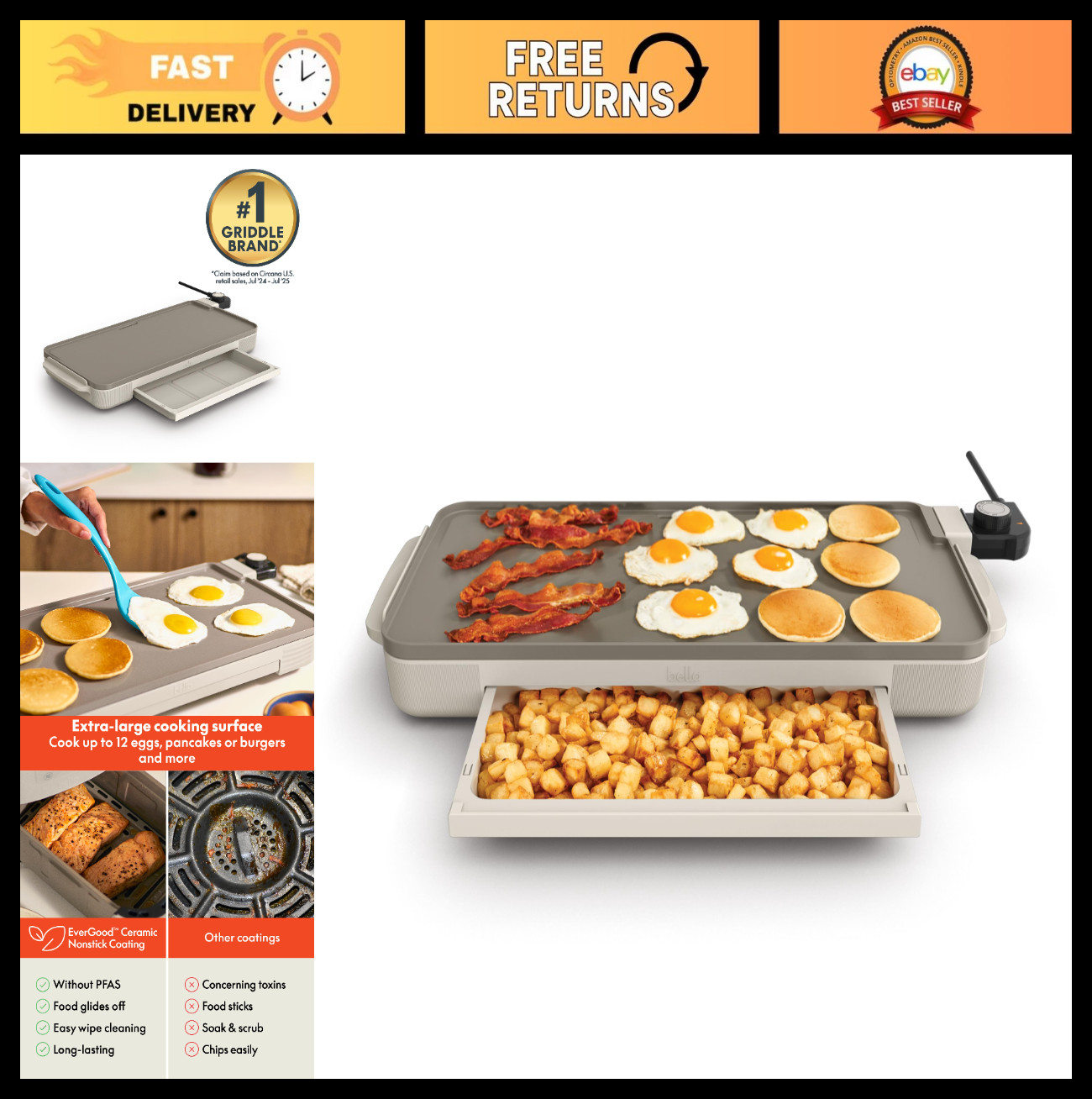 10″x20″ Ceramic Griddle with Warming Tray, 1500W Non-Toxic Cookware, Oatmilk Col