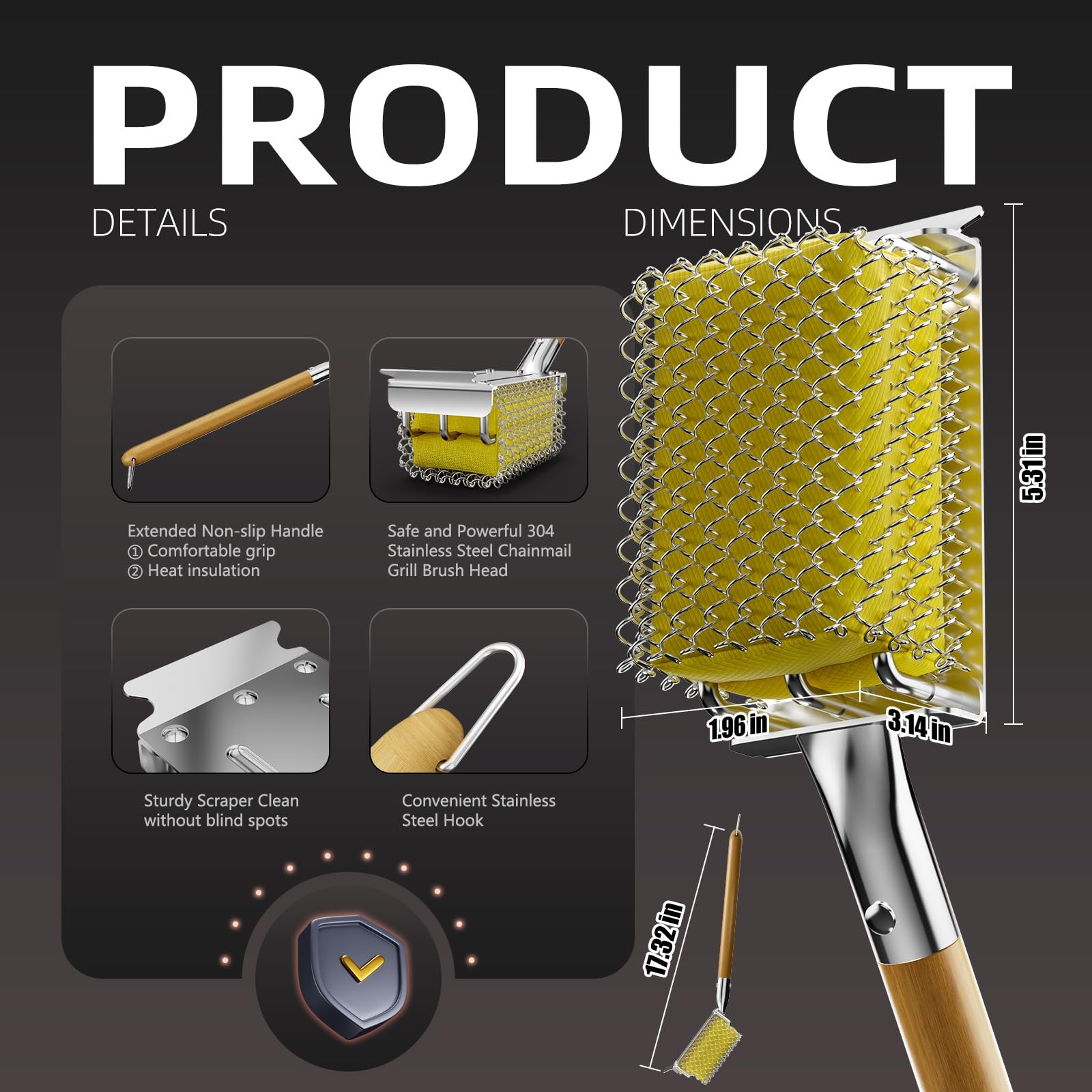 Grill Brush Bristle Free with Scraper, Safe Steam Cleaned Wood