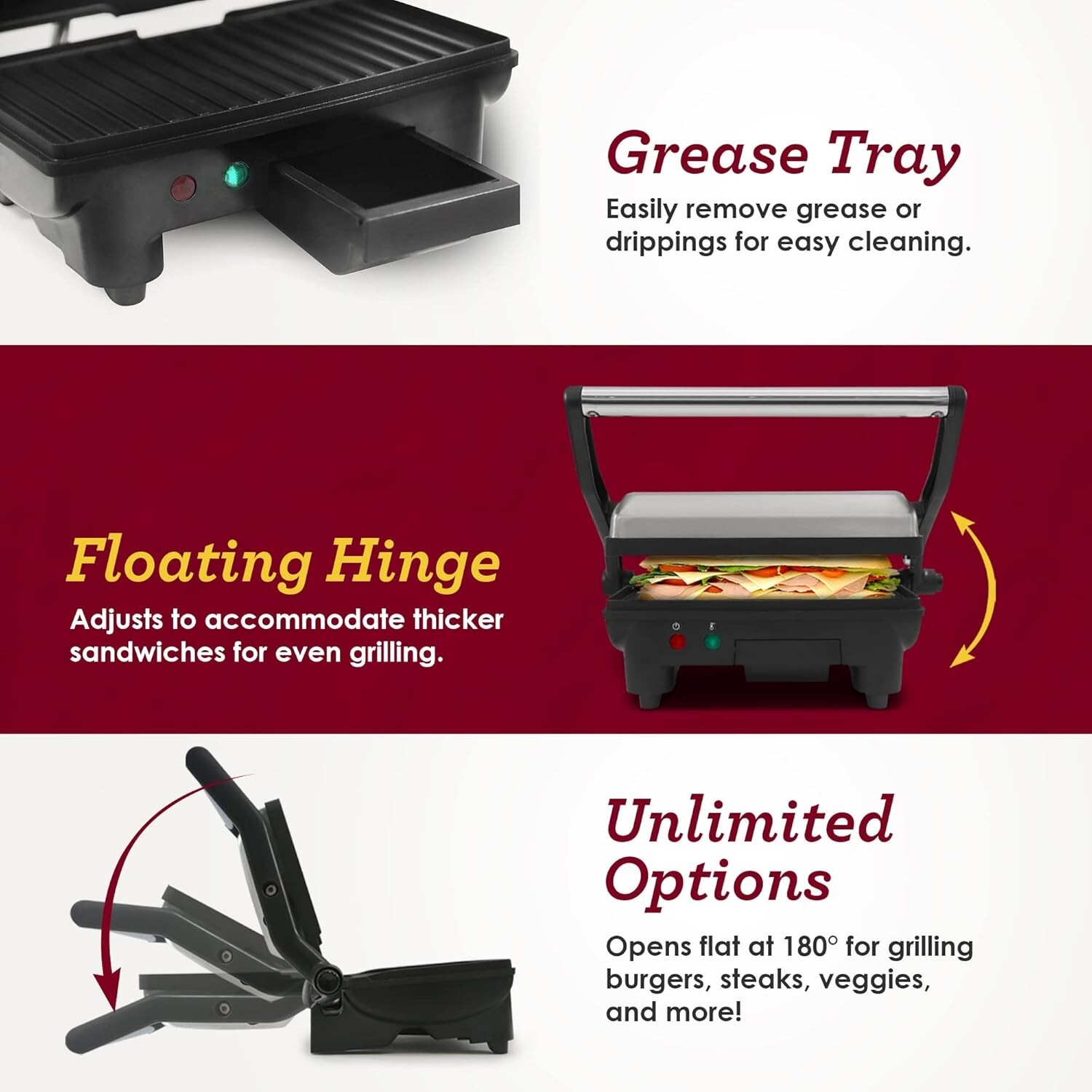 Elite Gourmet EPN-2976 2-in-1 Nonstick Panini Press & Indoor Grill Opens 180-…