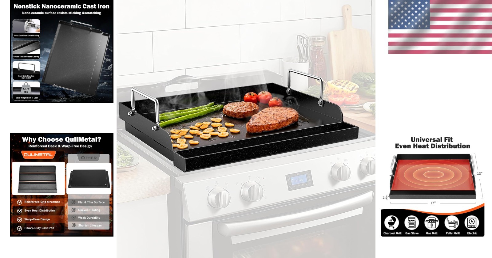 Heavy Duty Griddle Plate 17 Inch Black Nanoceramic for Gas and Charcoal Grills