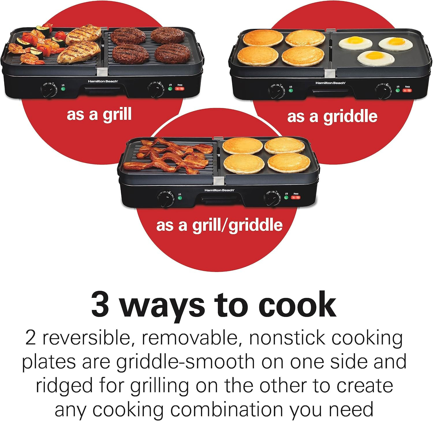 3-In-1 Electric Indoor Grill + Griddle, 8-Serving, Reversible Nonstick Plates, 2