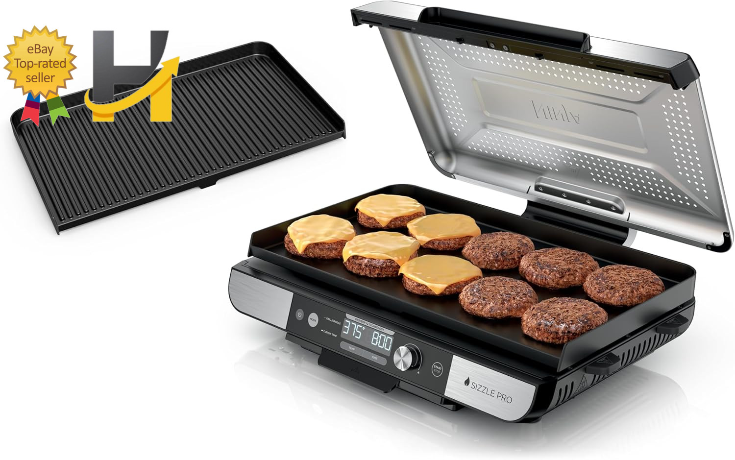 Sizzle Pro XL 20″ Indoor Griddle + Grill Detachable Ventilated Lid Grease Contro