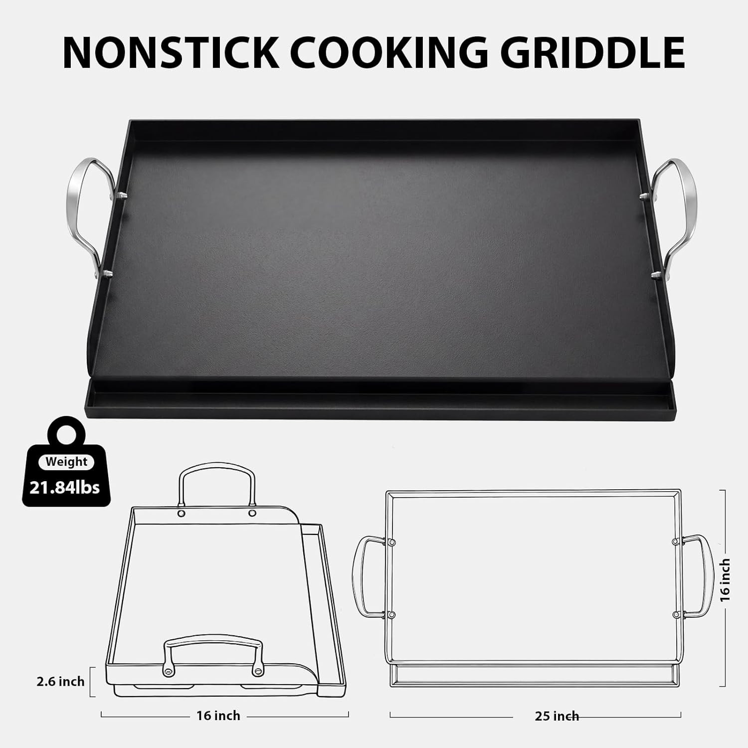 25″ X 16″ Pre-Seasoned Nonstick Cast Iron Griddle for Gas & Charcoal Grills – Un