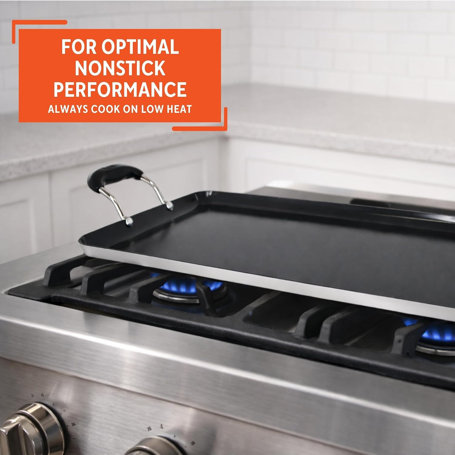 19×12″ Black Aluminum Double Burner Griddle with Nonstick Ceramic Coating