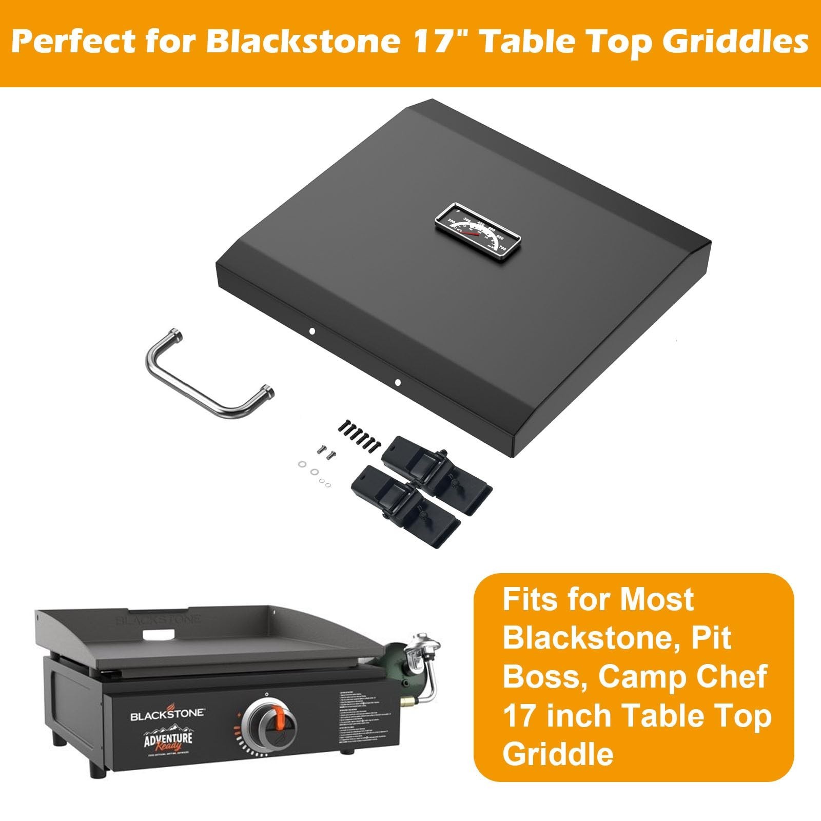 Hinged Lid for 17″ Flat Top Griddle – Black Powder Coated Steel Cover with Temp