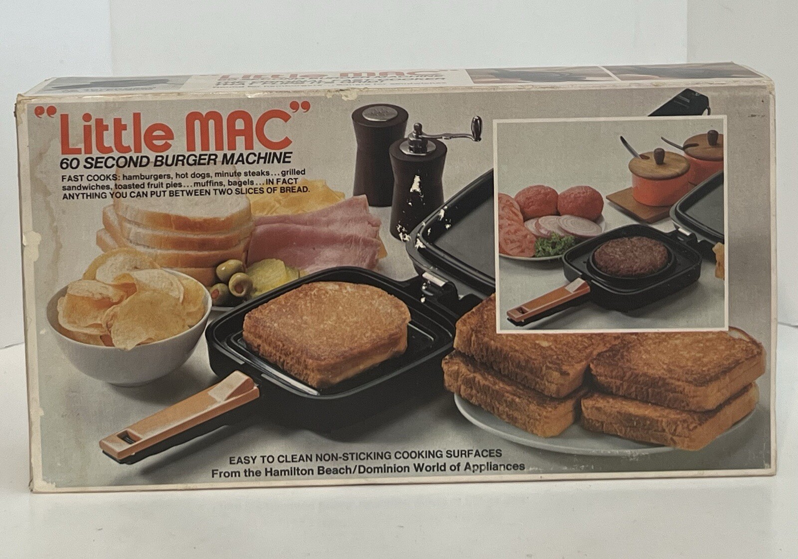 Vintage NOS Hamilton Beach “LITTLE MAC” 60 Second Burger Machine Model 2108 NEW
