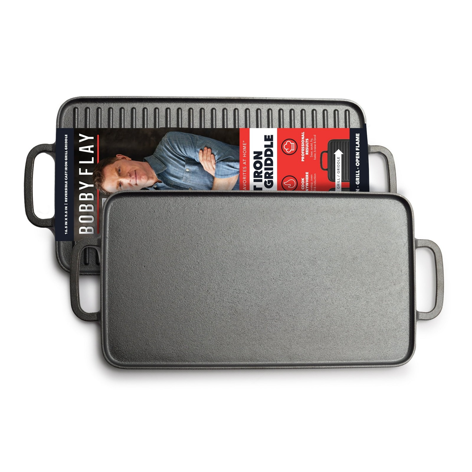 Bobby Flay Cast Iron Pre-Seasoned 11” Reversible Double Burner Rectangle Grill/G