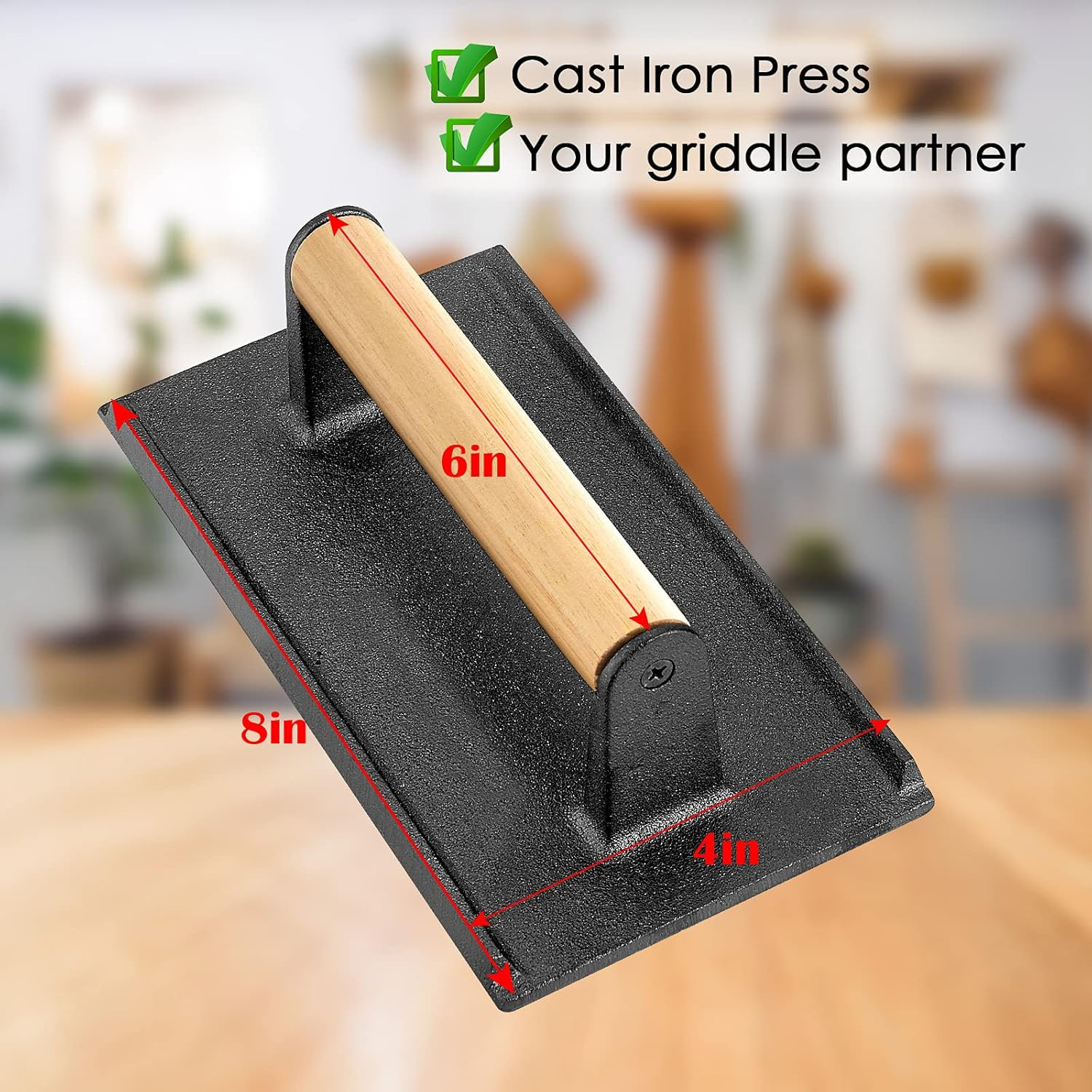 Bacon Hamburger Press for Griddle Flat Top Teppanyaki, Pre Seasoned 8 X 4In Cast