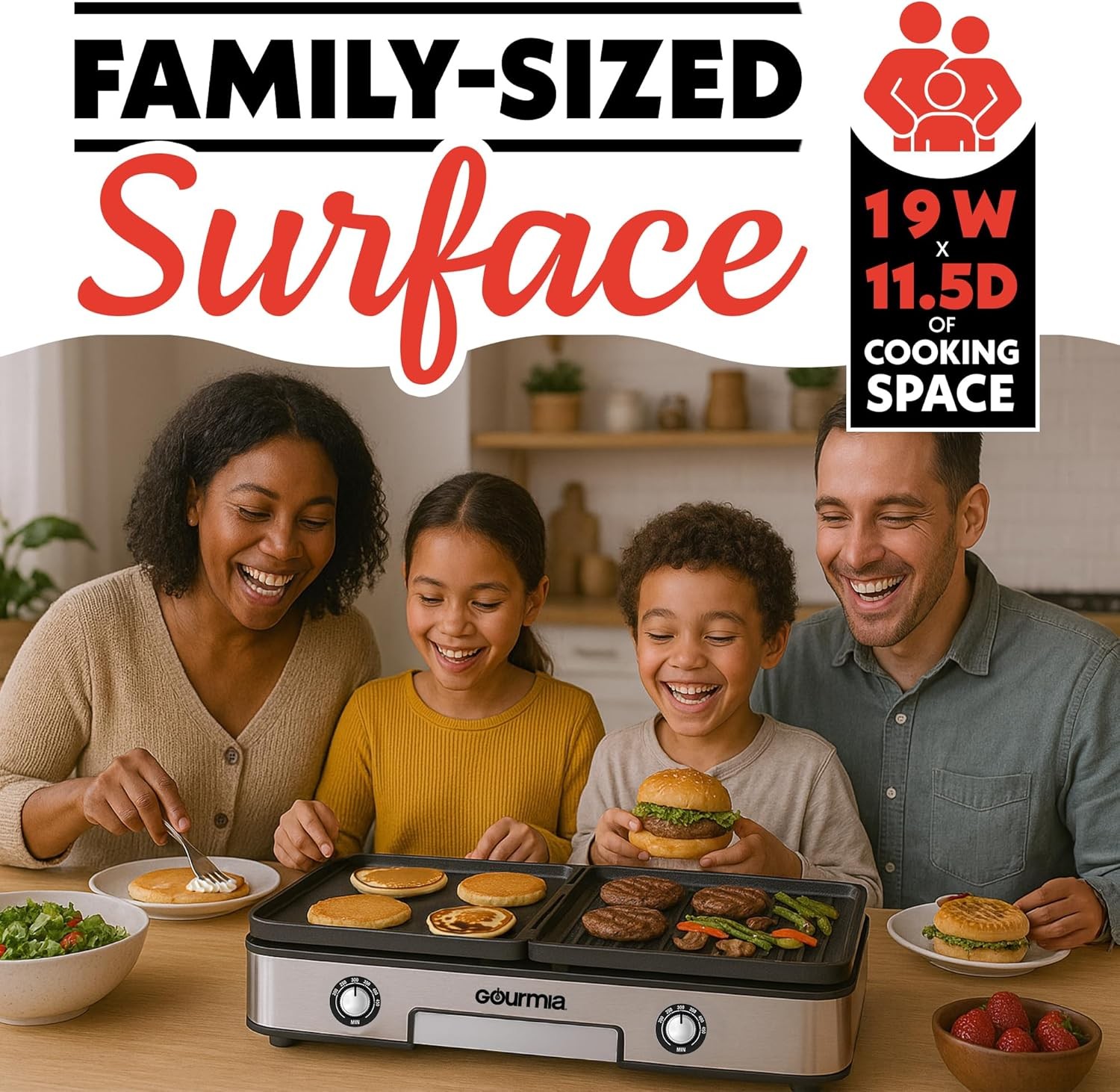 Gourmia 3-in-1 Indoor Grill Griddle – Dual Zones Nonstick Ceramic Dishwasher