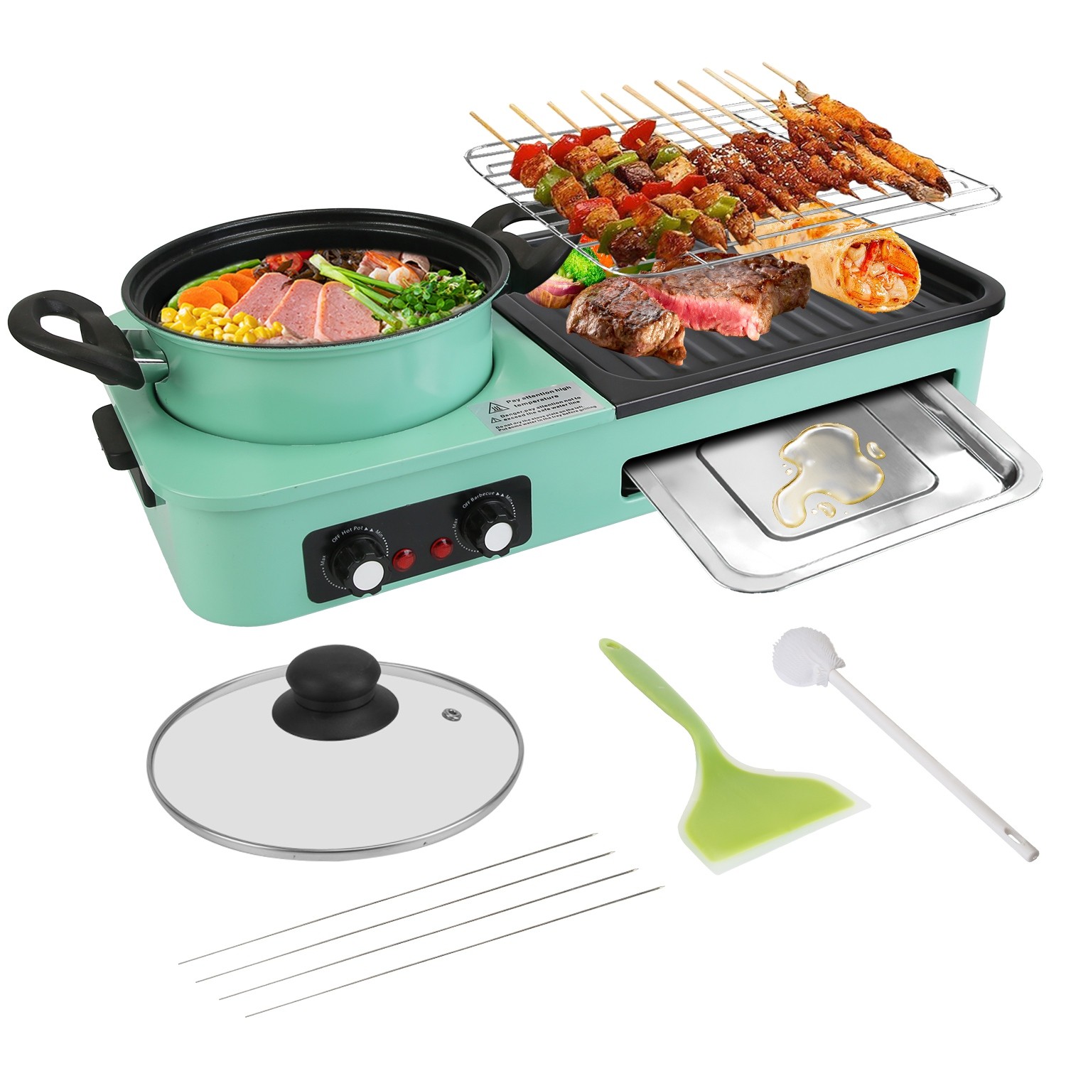 1600W Electric Hot Pot with Grill Non-Stick Korean BBQ Grill Hot Pot Combo Tool