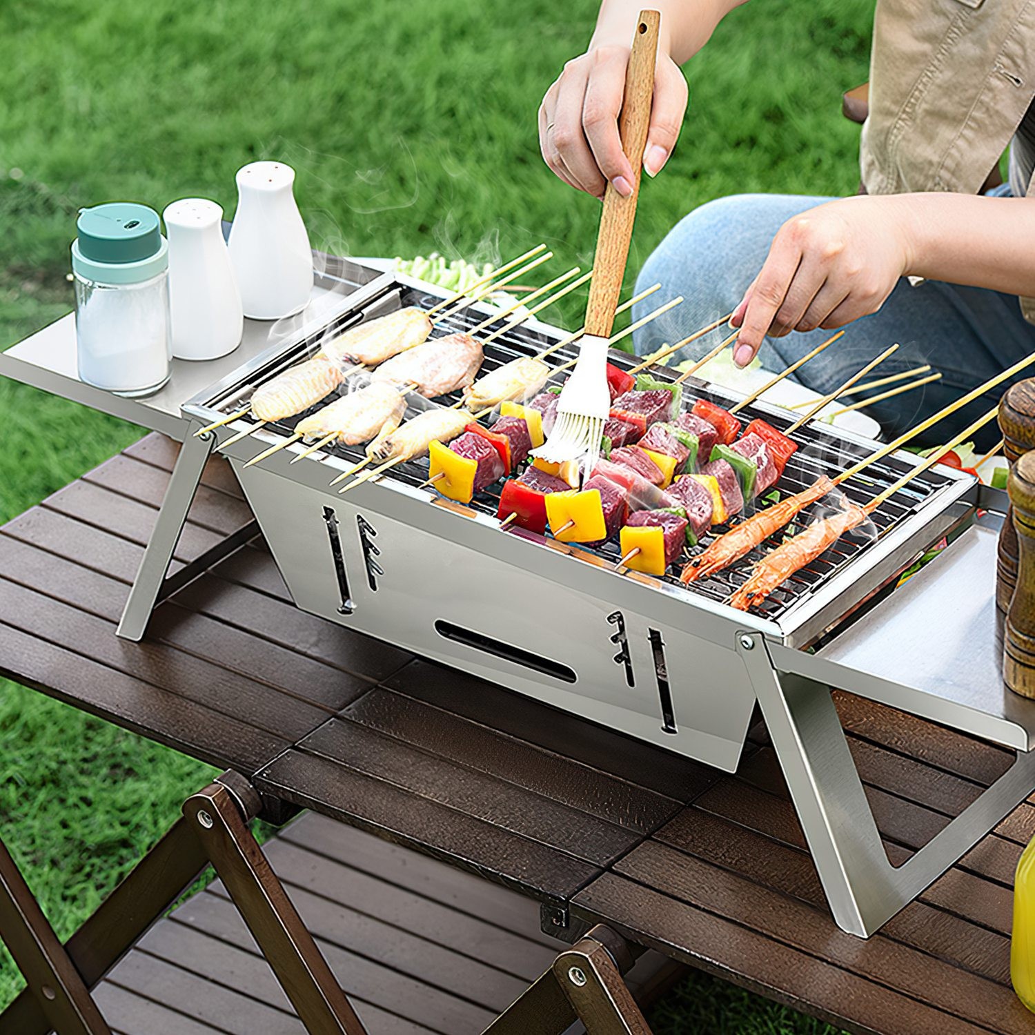 Heavy Duty Outdoor Camping Grill Picnic BBQ Adjustable Fire Grate Barbecue Grill