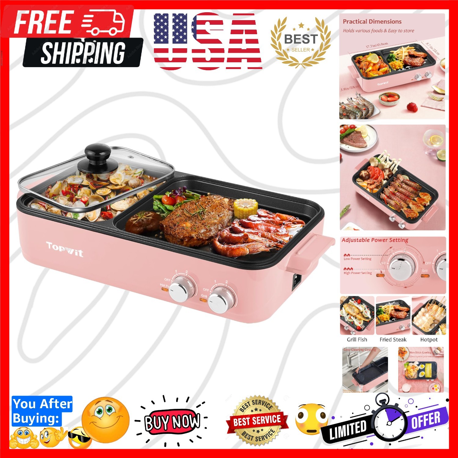 Hot Pot Electric with Grill, 2 in 1 Indoor Non-stick for Steaks, Shabu Shabu,…