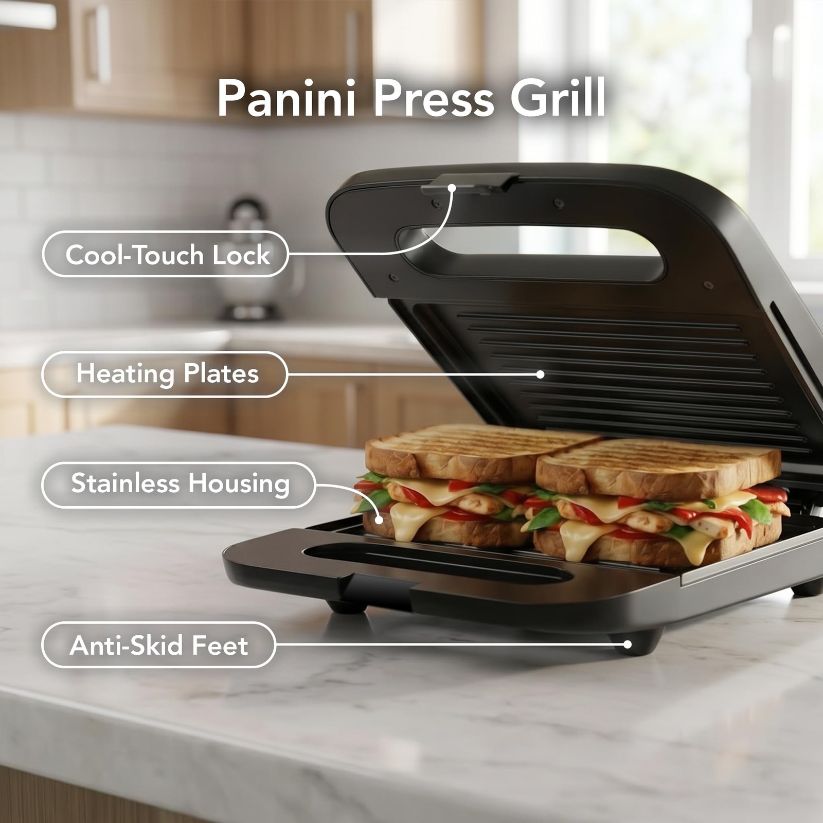 Electric Panini Press Grill Nonstick Plates Thermostat Control Compact Black New