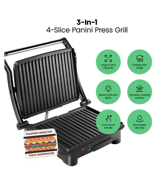 Chefman 3-in-1 Panini Press Grill 4-Slice Nonstick Opens Flat Stainless Steel