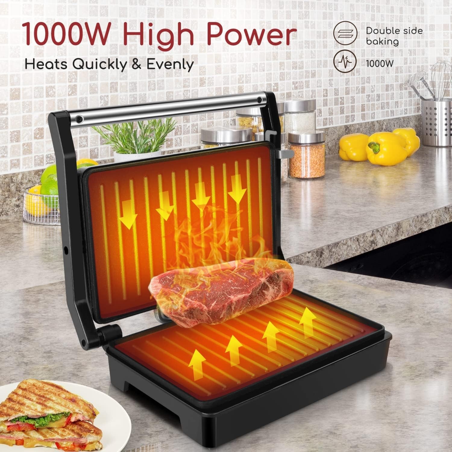 Panini Press Sandwich Maker, 1000W Sandwich Press Grill with Non-Stick Coated