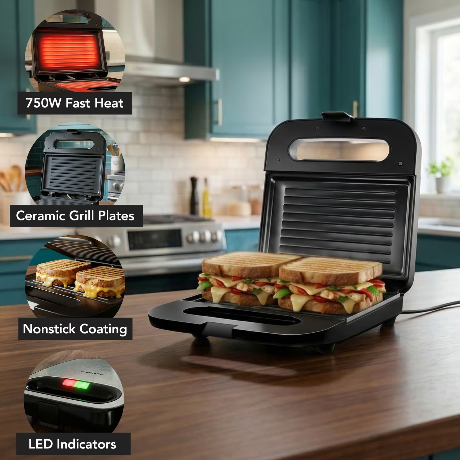 Electric Sandwich Maker with Non-Stick Plates, Indicator Lights, Cool To