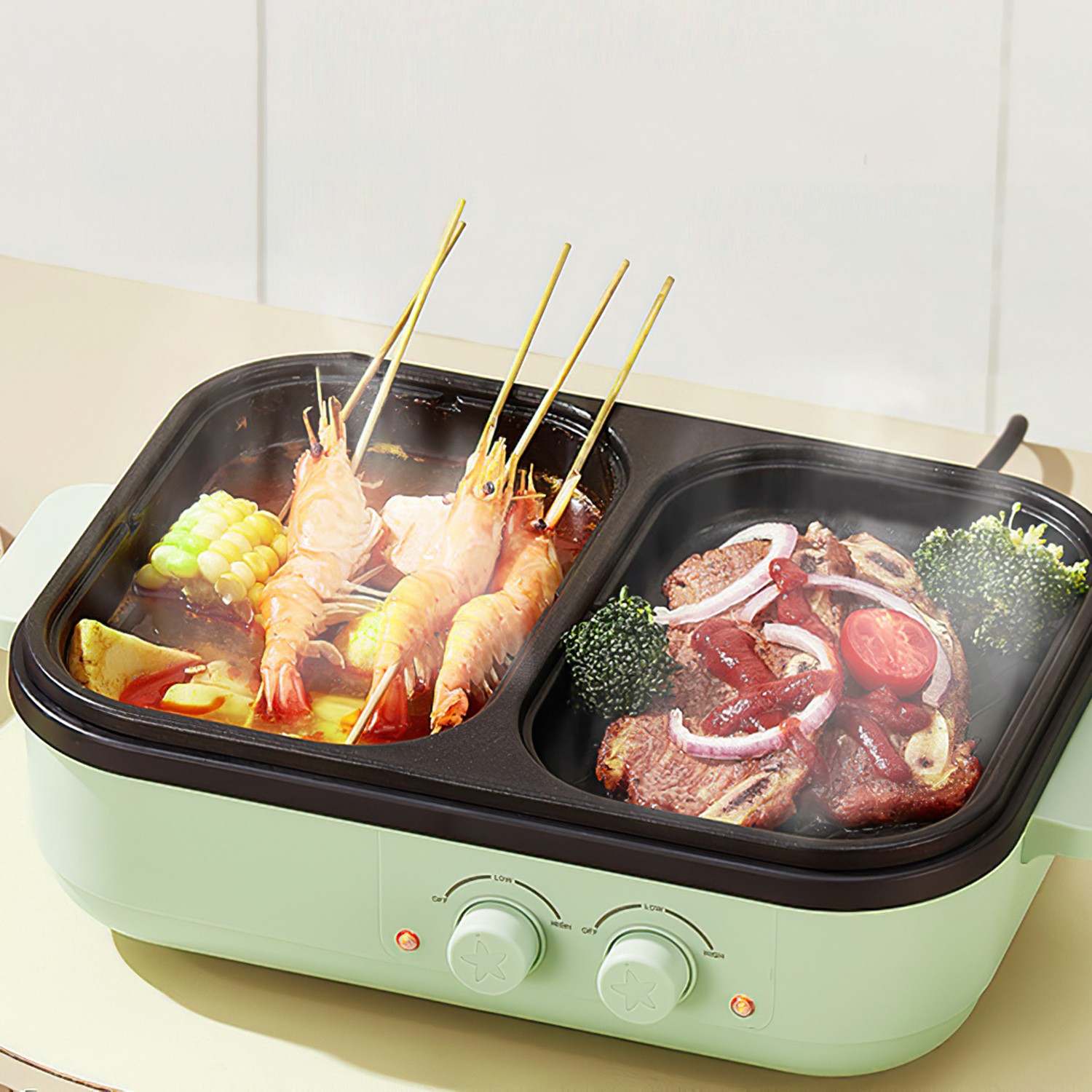 2in1 Electric Hot Pot with Grill Smokeless BBQ Grill Non-Stick Cooking Pan 1300W