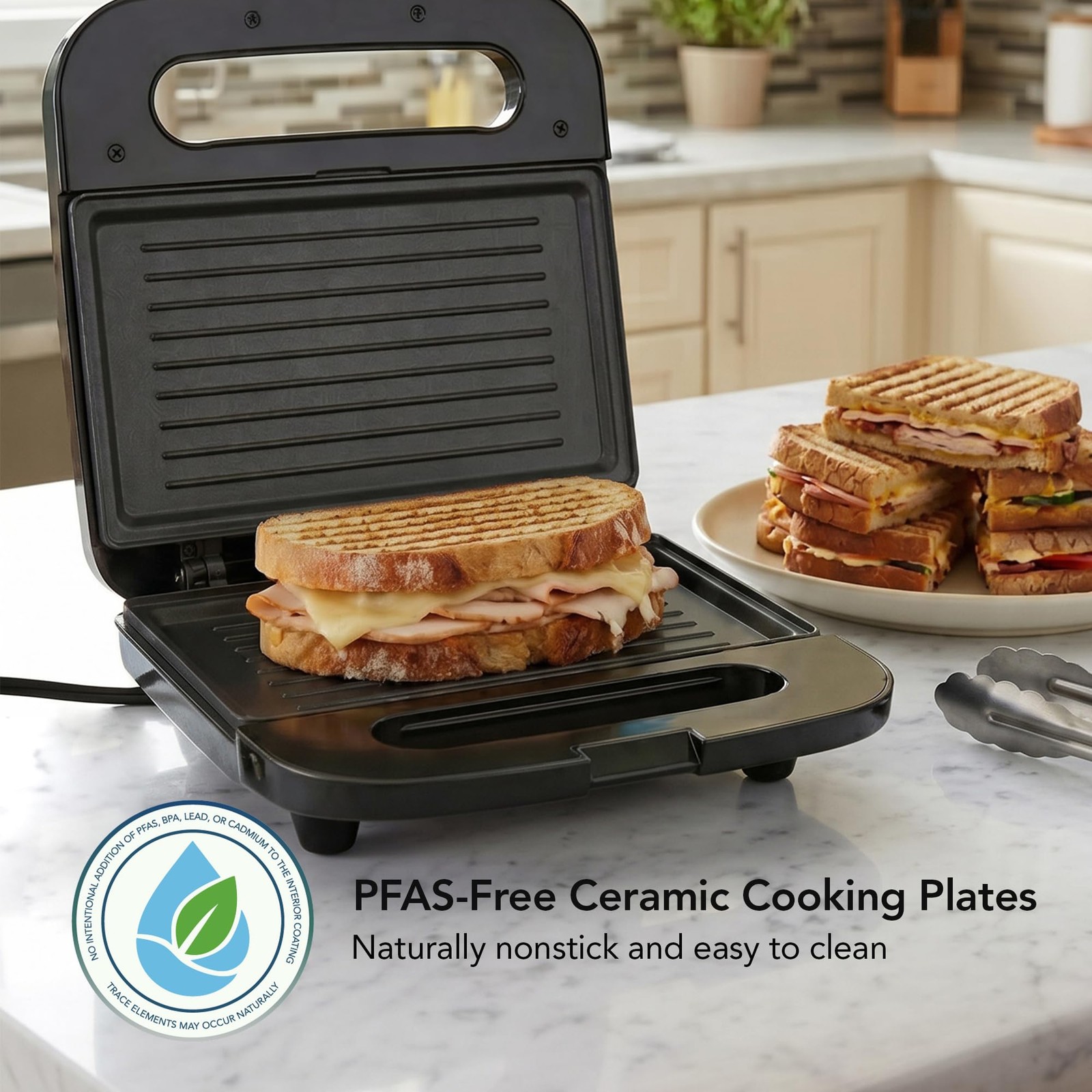 Electric Panini Press Grill Nonstick Plates Thermostat Control Compact Black New