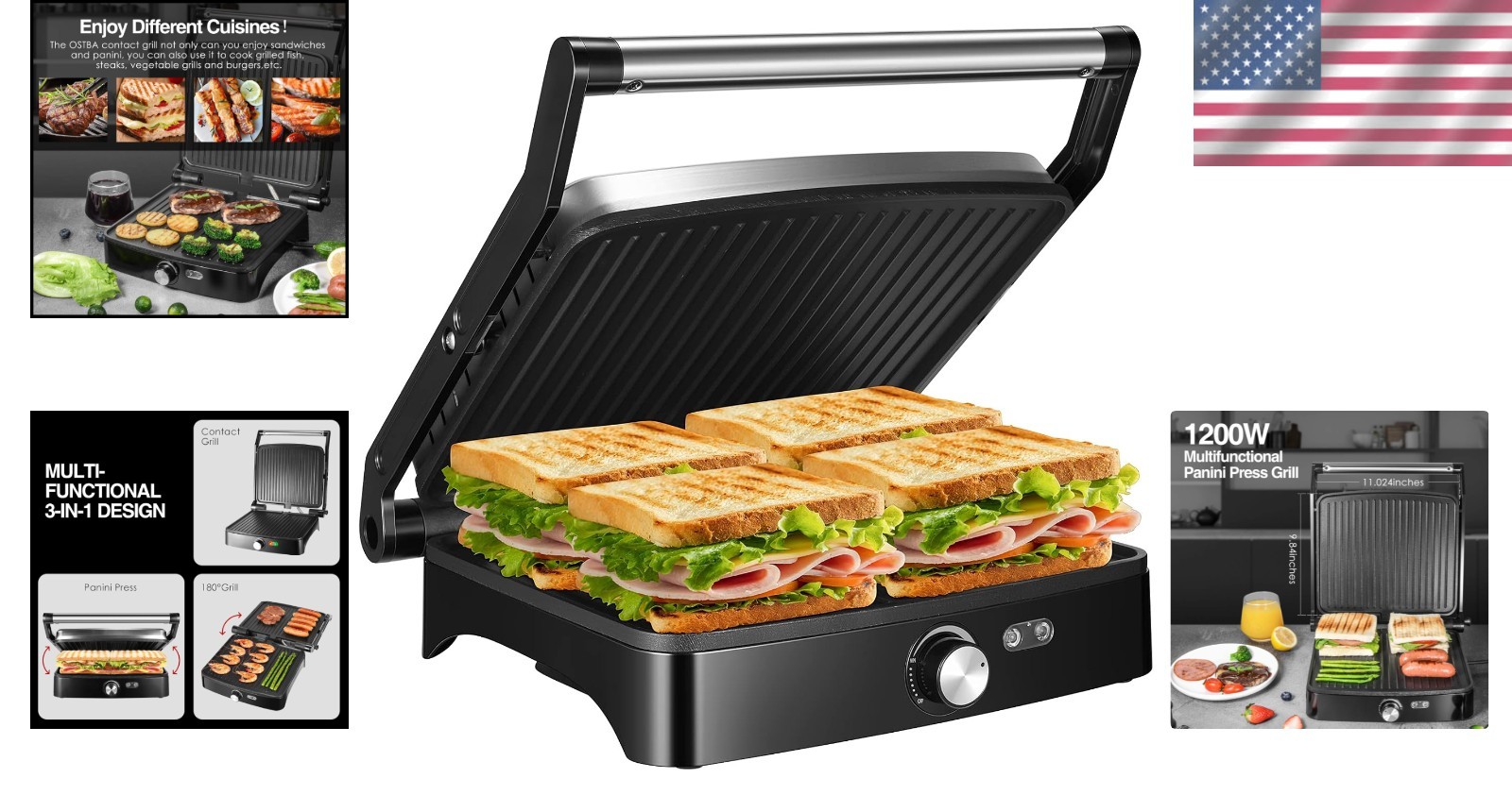 Adjustable Temperature Panini Grill, Nonstick Plates