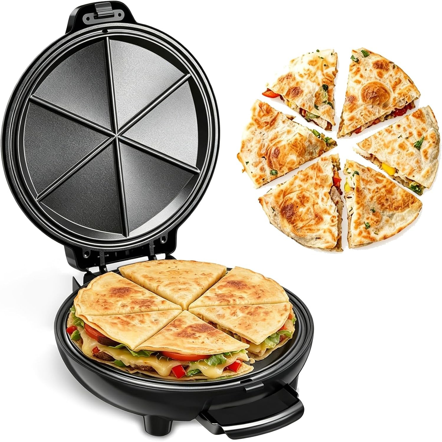 Quesadilla Maker 10 Inch 900W Dual Heating 6 Wedges in 3 Mins Nonstick Plates