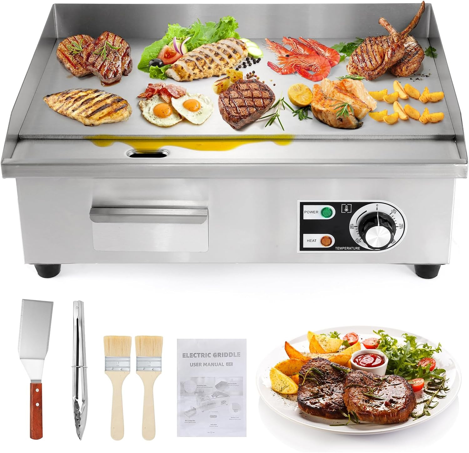 Commercial Electric Griddle 22” Flat Top Grill Countertop 3000W Stainless Steel