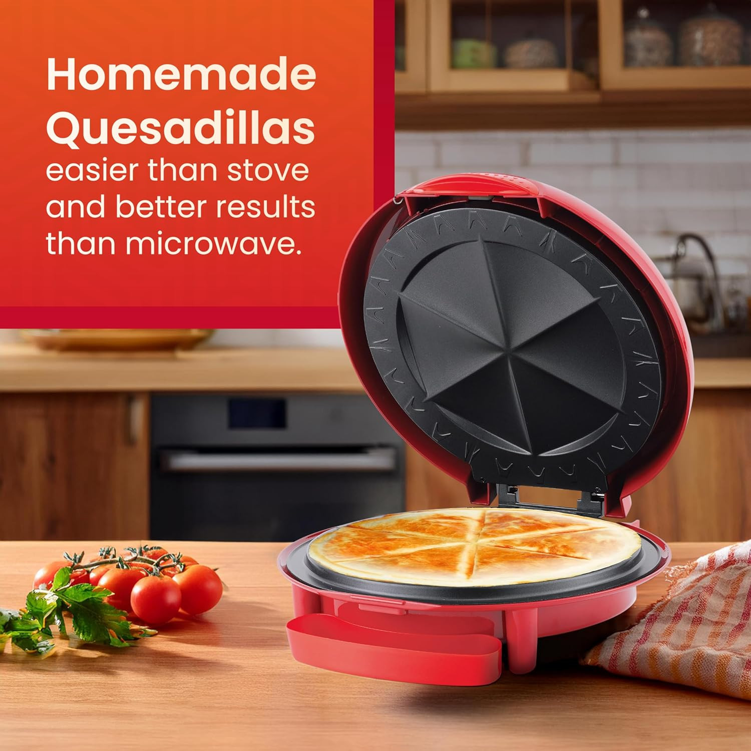 EQD-118 11″ Quesadilla Maker, Easy-Slice 6-Wedge, Red ,Grilled Cheese & Corn