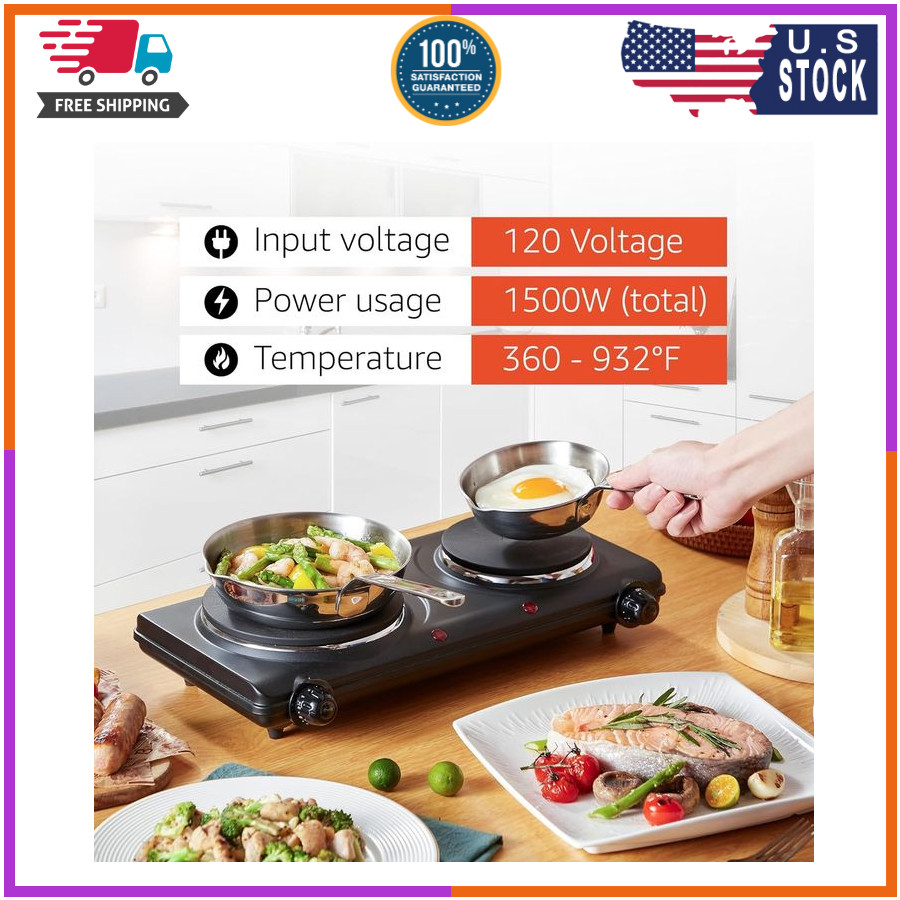 Elite Gourmet EDB-302BF# Countertop Double Cast Iron Burner, 1500 Watts Electric