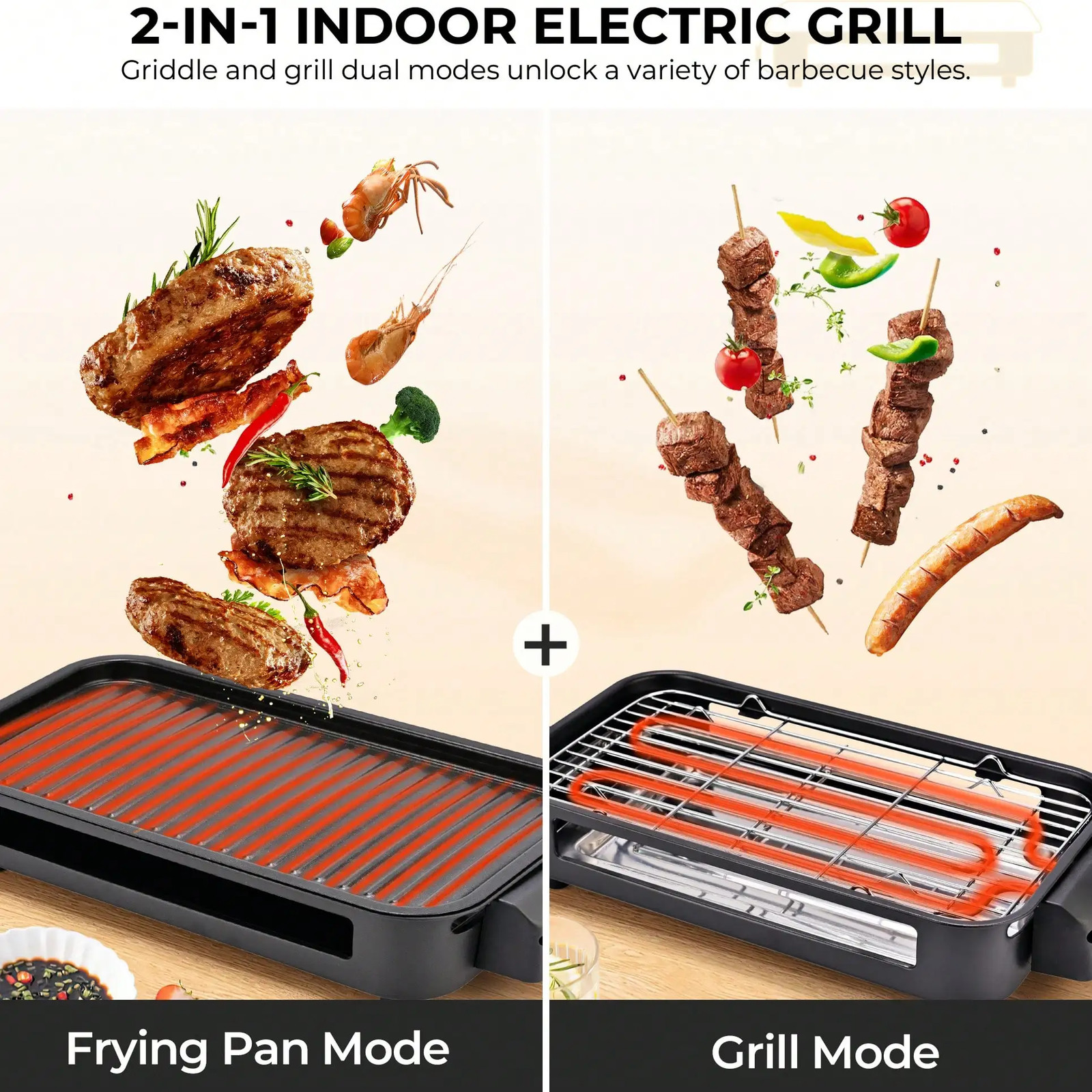 1 Pack Indoor Grill 2 in 1 Griddle with Removable Plates Non Stick Adjustable Te