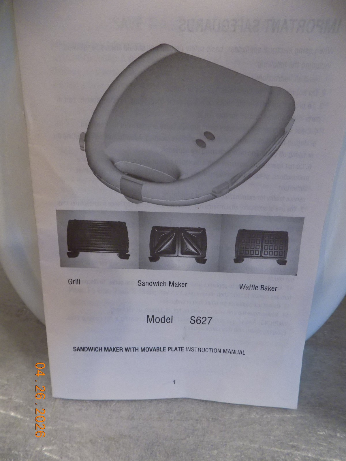 Everstar Three–In-One Grill Model 358 900 w/ 3 Interchangeable Grill Plates