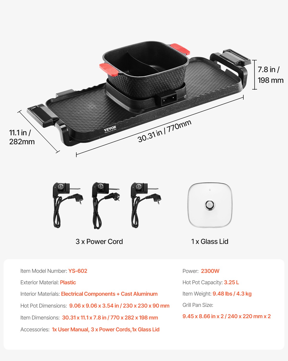 VEVOR Hot Pot with Grill 2300W 2-in-1 Electric Smokeless BBQ Pan with Removable