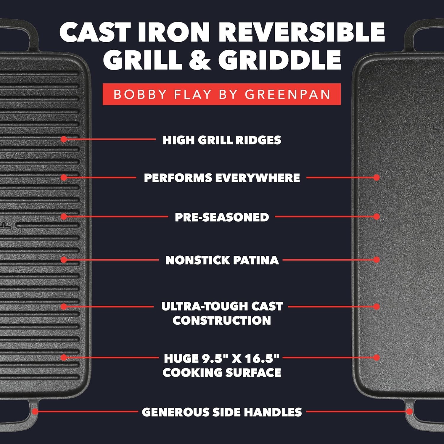 x Bobby Flay Cast Iron Pre-Seasoned 16.5 9.5″ Reversible Double Burner Griddle