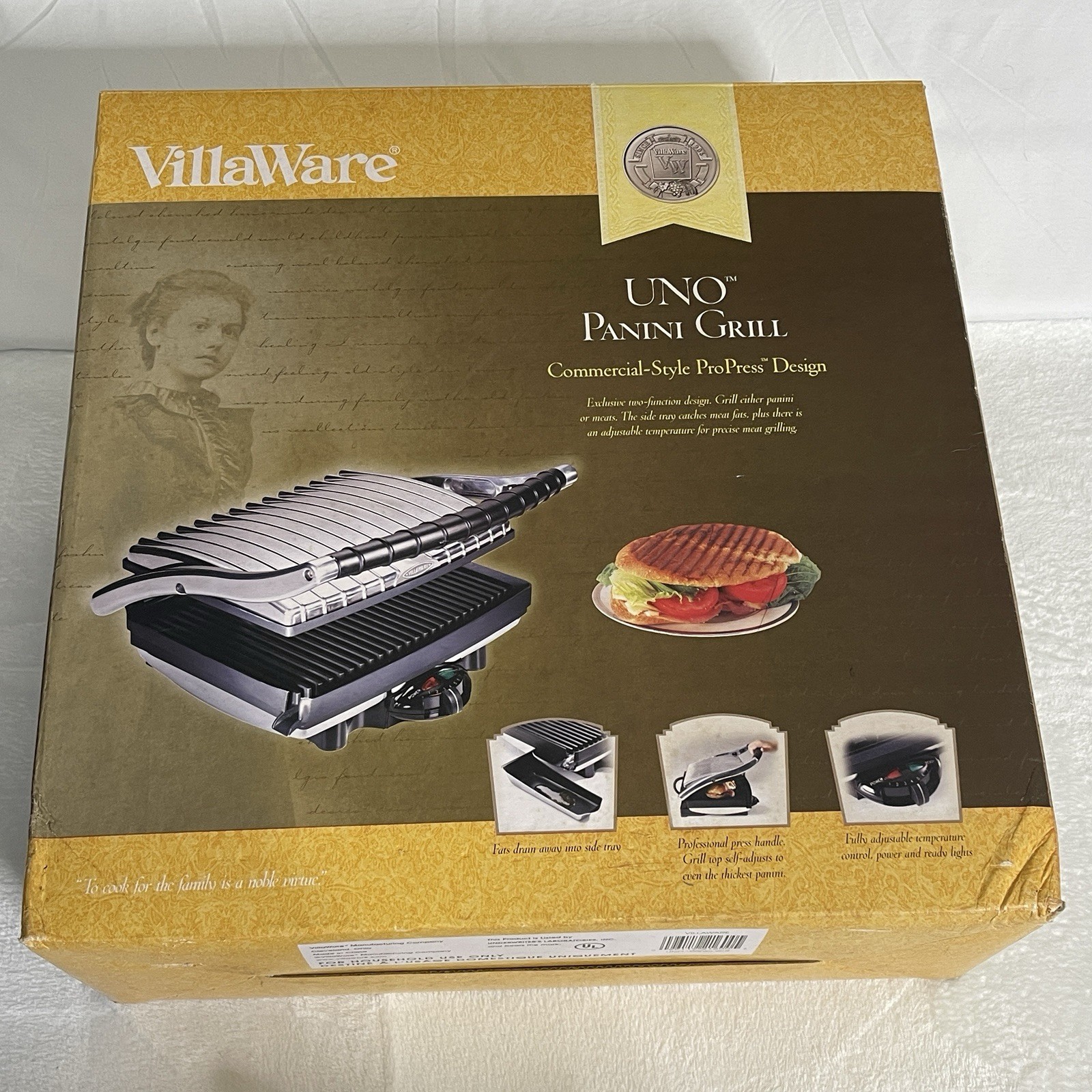 Villaware Uno Panini Grill Sandwich Commercial Style Pro Press Design 2160 EUC