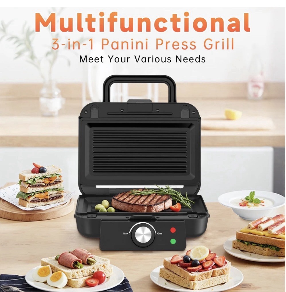 3-in-1 Sandwich Maker 1000W Panini Press Grill Waffle Non-Stick Black