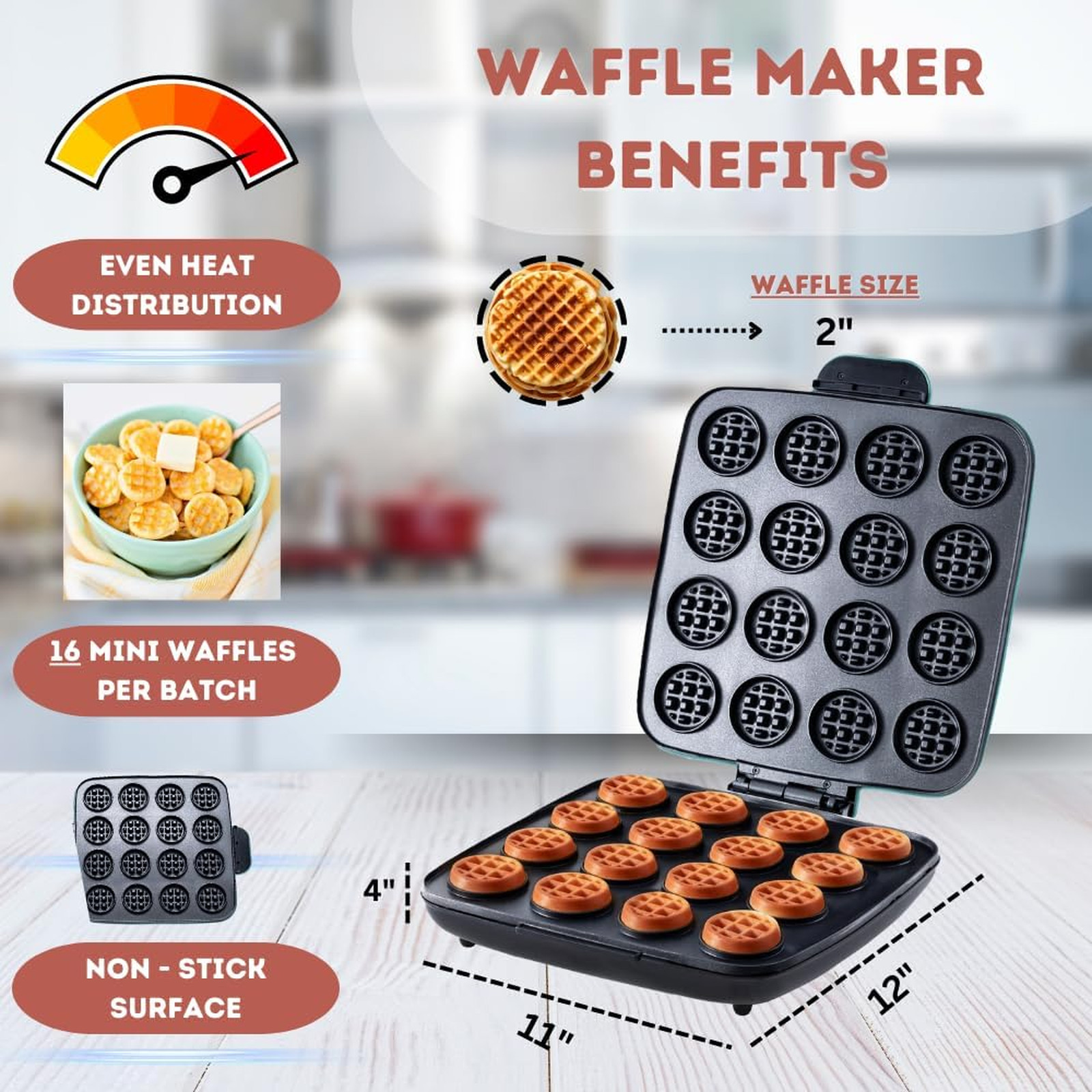 Mini Waffle Maker Machine 16 Hole Nonstick Compact Quick Heat Up Small Bites for