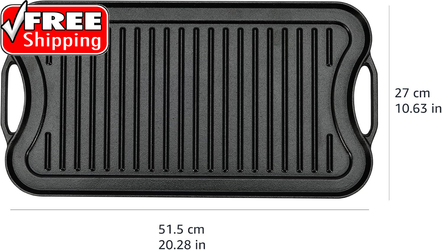 Pre-Seasoned Cast Iron Reversible Rectangular Grill/Griddle with Even Heat Distr