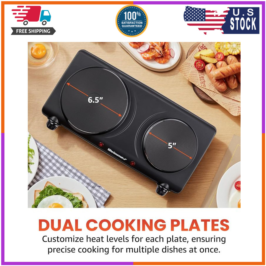 Elite Gourmet EDB-302BF# Countertop Double Cast Iron Burner, 1500 Watts Electric