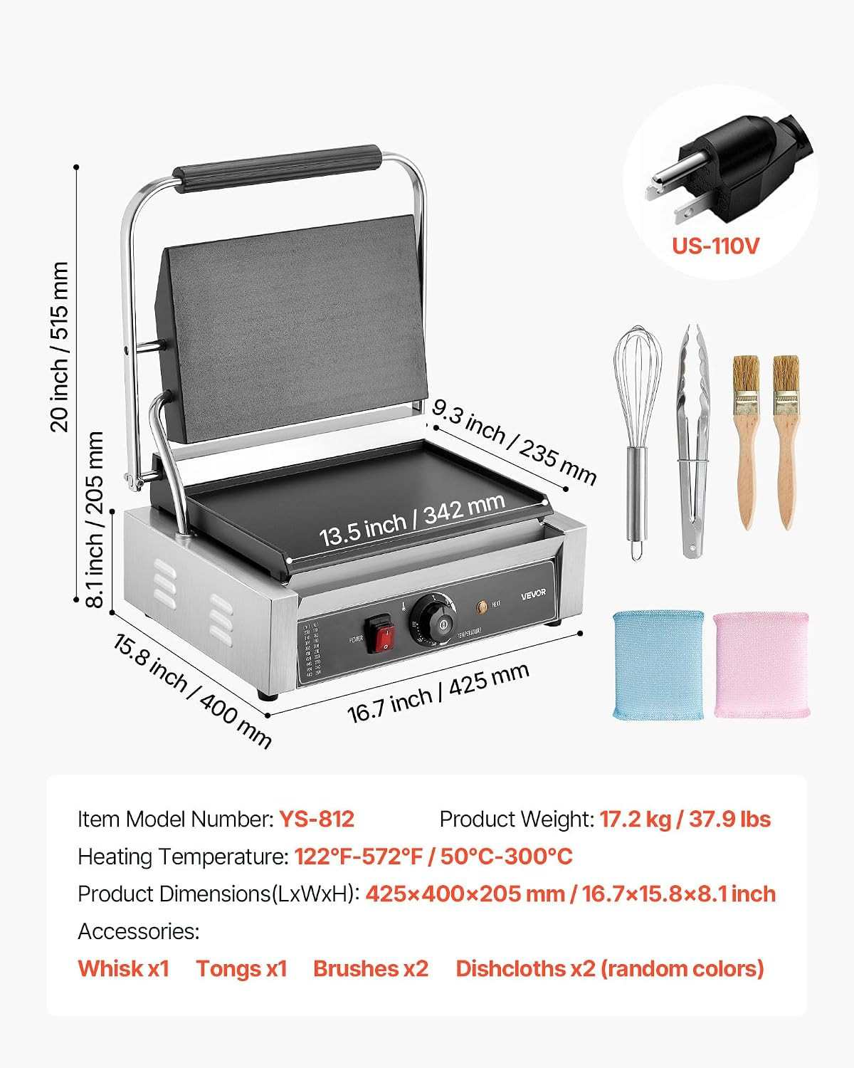 Commercial Panini Grill, 1800W Electric Sandwich Panini Maker, Stainless Steel S