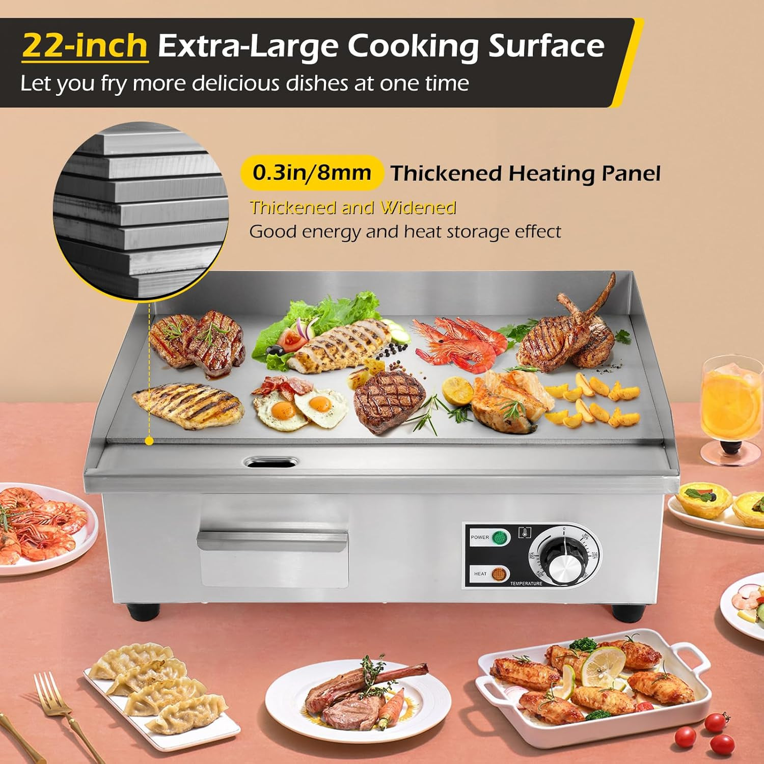 Commercial Electric Griddle 22” Flat Top Grill Countertop 3000W Stainless Steel