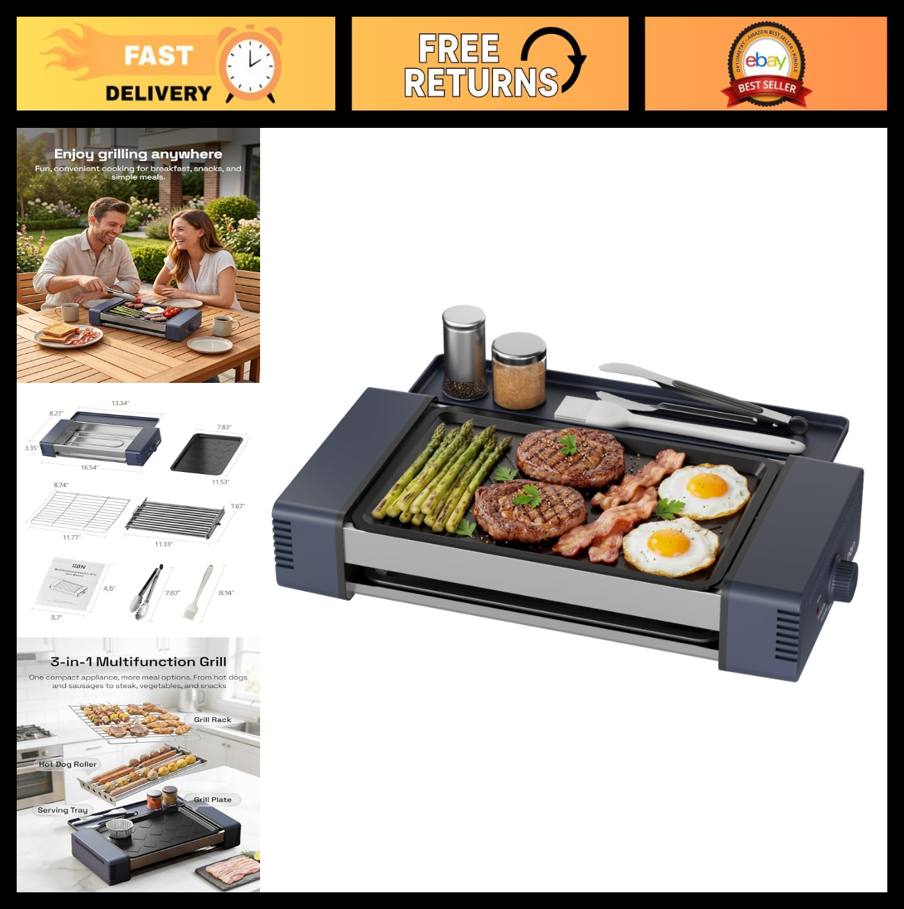 3-in-1 Smokeless Indoor Grill & Electric Griddle, Nonstick BBQ, Dishwasher Safe,
