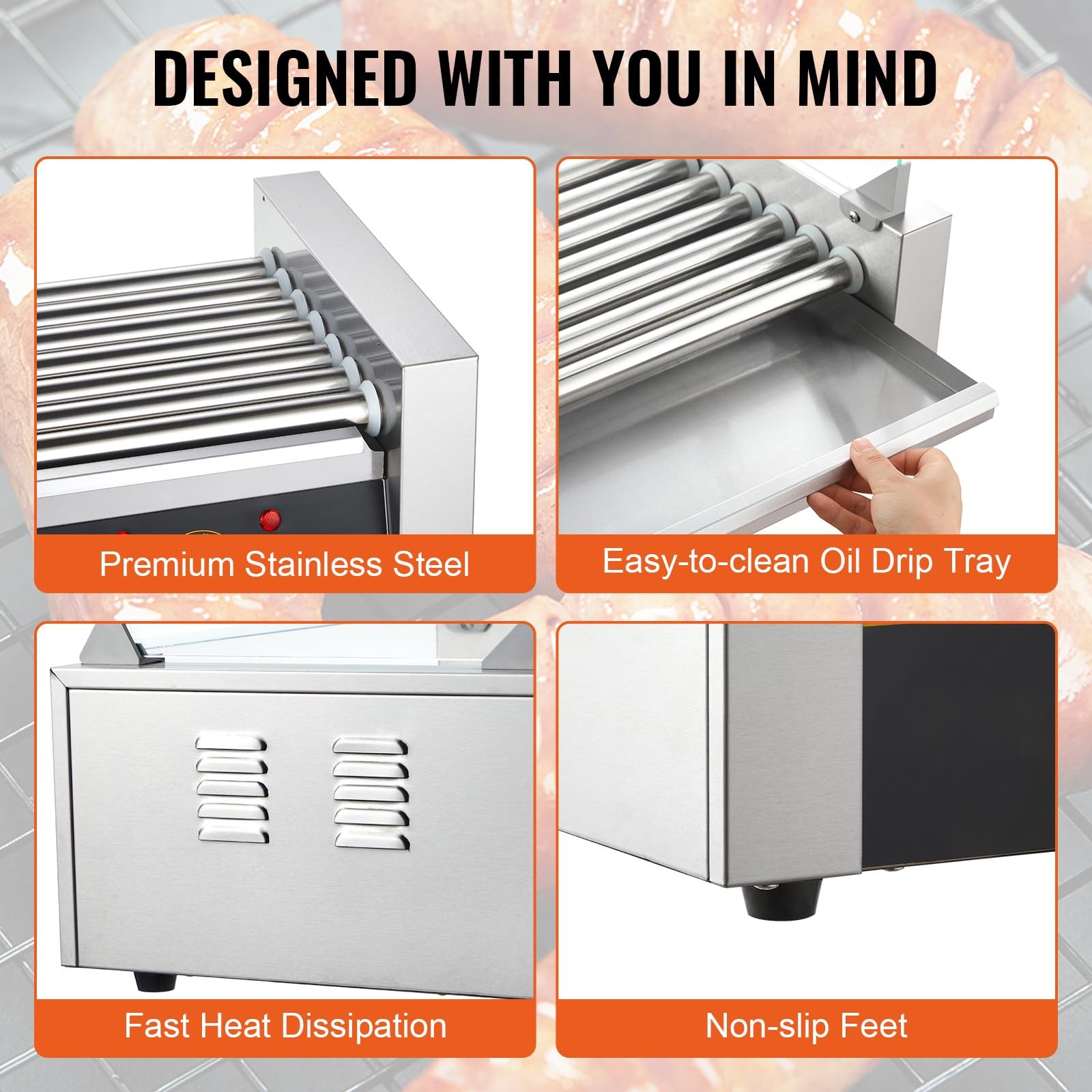 Hot Dog Roller 7 Rollers 18 Hot Dogs 1050W Stainless Steel Dual Temp Control